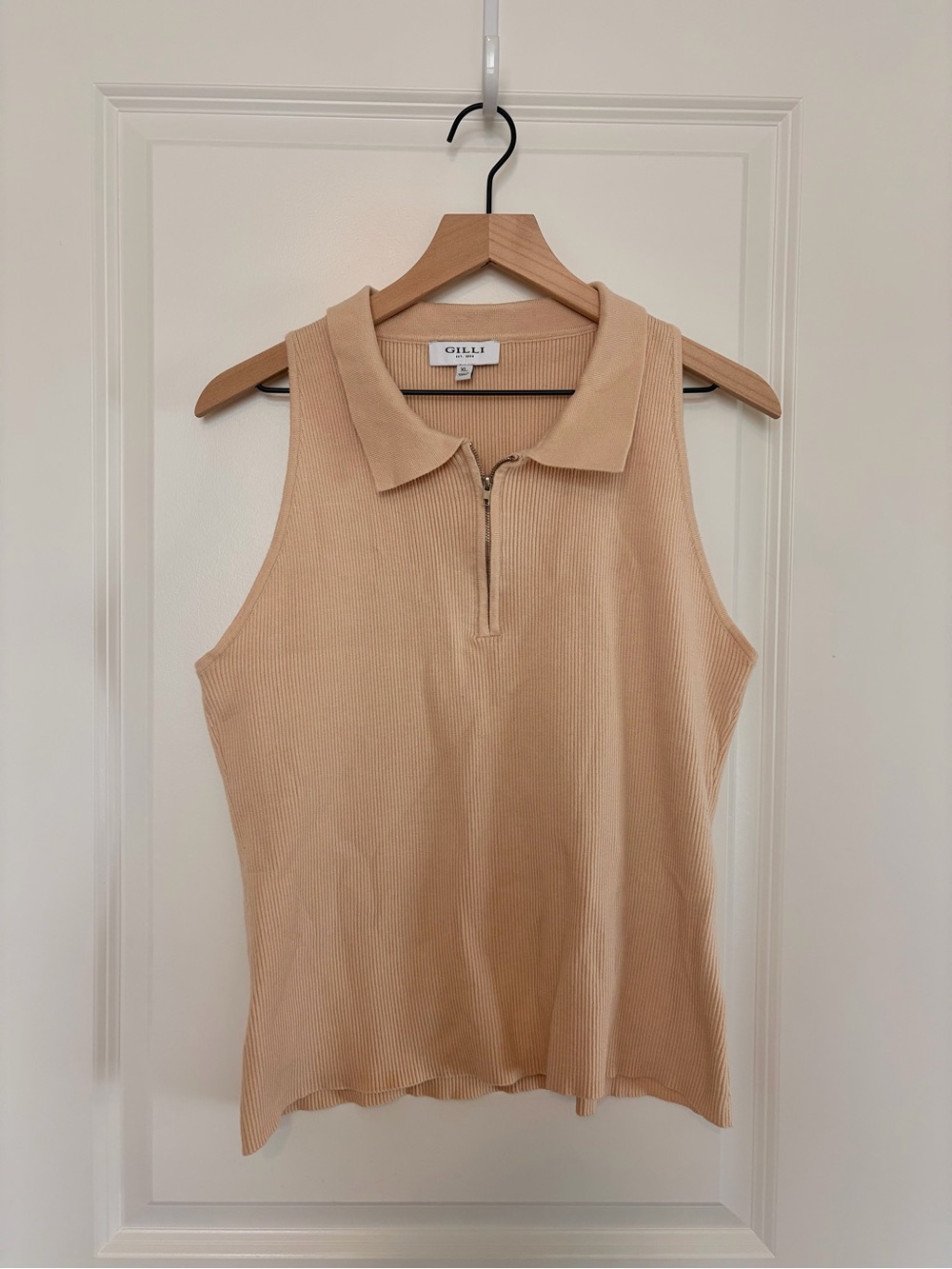 Gilli Beige Ribbed Zip-Collar Tank Top
